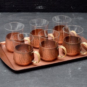 Set of 6 tea pots with tray, EUGEN ZINT, Bauhaus student, handmade, W.-Germany, mid-century, hammered COPPER, 1960s