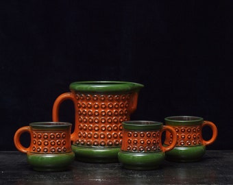 CARSTENS Tönnieshof, ceramic pitcher with three beakers, VINTAGE pottery, WGP, mcm, mid-century kitchen, 1960s/1970s, Germany