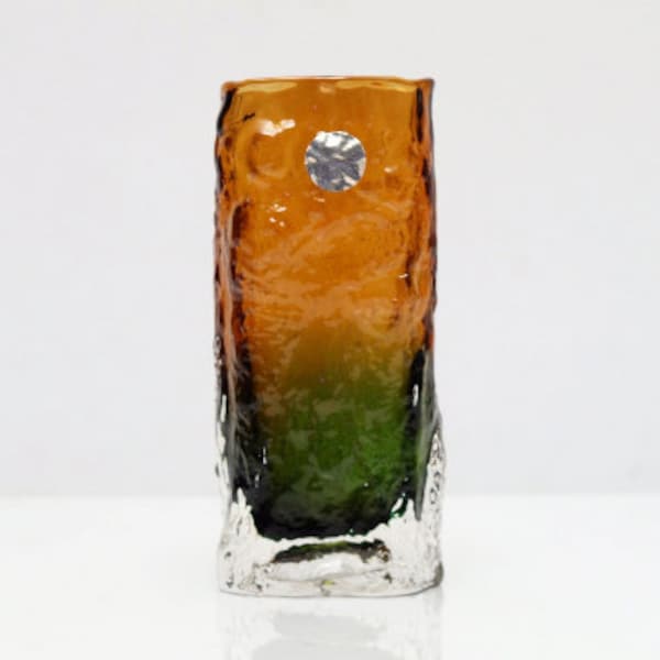 Mid-century glass object,most likely TAJIMA Glass Japan, bark texture, green/amber, 1960s, vintage, White Friars style