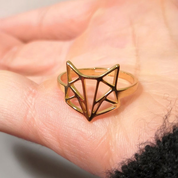 Anneau renard d'or, motif de renard, bague Origami, Bijou animalier élégant et tendance pour les amoureux de la nature, kitsune fox