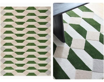 Emerald Green Tufted Rugs | Faceted Tile Rug | 5x8 6x9 8x10 9x12 | Wool Rugs | Oversized Rug Handmade