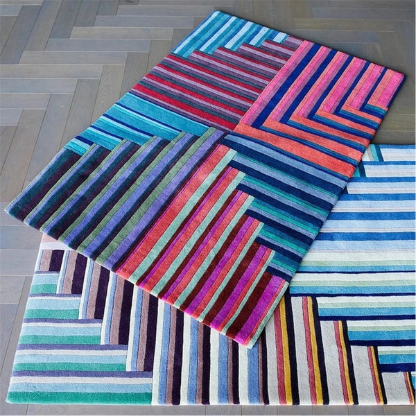 Geometrical Handmade Custom Carpet, Soft Wool Rug, Silky Carpet for Living Room, Bedroom Décor, 5x8 rug, 6x8 rug, 6x9 rug, 7x10 rug 8x10 Rug