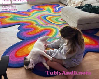 Psychedelic Irregular Shaped Custom Rug Hand-Tufted Wool Handmade Area Rug Carpet for Home, Bedroom, Living Room, Kids Room, New Room Gift