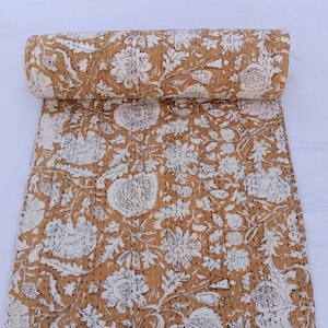 Hand-Stitched Kantha Quilt: Tan Floral Hand Block Print, Indian Cotton Bedding