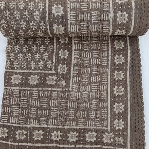 Colcha Kantha de barro, estampa floral indiana costurada à mão, colcha de algodão com estampa em bloco, Kantha vintage feita à mão, capa de cama indiana