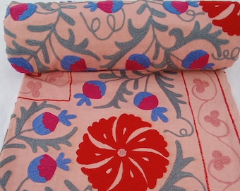 Hand Embroidered Suzani Tapestry: Vintage Floral Cotton Wall Hanging or Bedding Sofa Throw