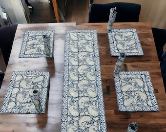 Hand Block Printed Premium Matching Runner With Napkins for 6 Seater with Premium Table Mat Set Hand Block Print