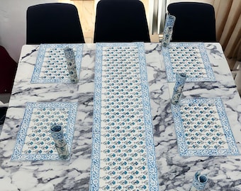 Hand Block Printed Premium Matching Runner With Napkins for 6 Seater with Premium Table Mat Set Hand Block Print