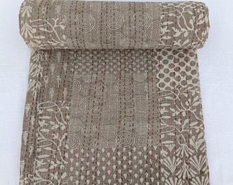 Floral Kantha Quilt, Hand Block Print Cotton Bedding, Boho Indian Throw Blanket