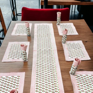Hand Block Printed Premium Matching Runner With Napkins for 6 Seater with Premium Table Mat Set Hand Block Print