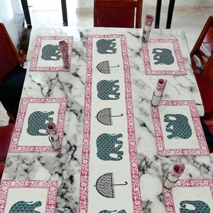 Hand Block Printed Cotton Table Runner Set: 6 Napkins & Mats