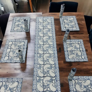 Hand Block Printed Cotton Table Runner Set: 6 Napkins & Mats