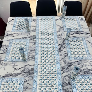 Hand Block Printed Cotton Table Runner Set: 6 Napkins & Mats