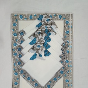 Hand Block Printed Cotton Table Mat & Napkin Set - Floral Design