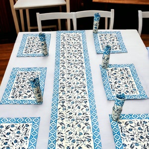 Hand Block Printed Table Runner Set: Cotton Floral Napkins & Mats