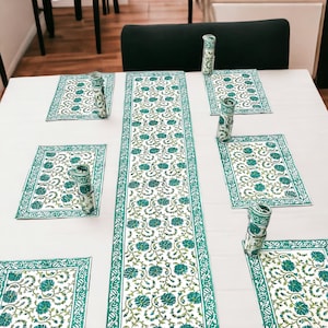 Hand Block Printed Cotton Table Runner Set: 6 Napkins & Mats
