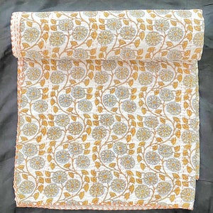 Orange floral Kantha Quilt Handblock Print floral Kantha Netural Colour Indian inspired Bedding Hand Stitched Rural Quilted bedding