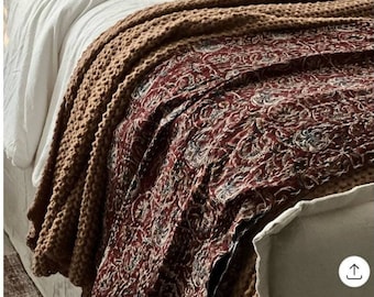 Block Print Quilt Handmade Burgundy Kantha Quilt Floral Cotton Bedding, Indian Quilt Hand Stitched