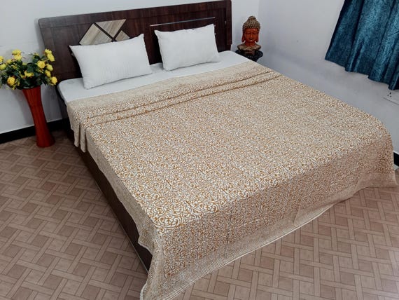 Floral Handblock Print Kantha Quilt: Indian Cotton Bedding