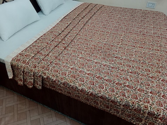 Moody floral Quilt Handblock Print floral Kantha Indian Natural Color Indian inspire Bedding Hand Christmas gift Boho Kantha Bedcover