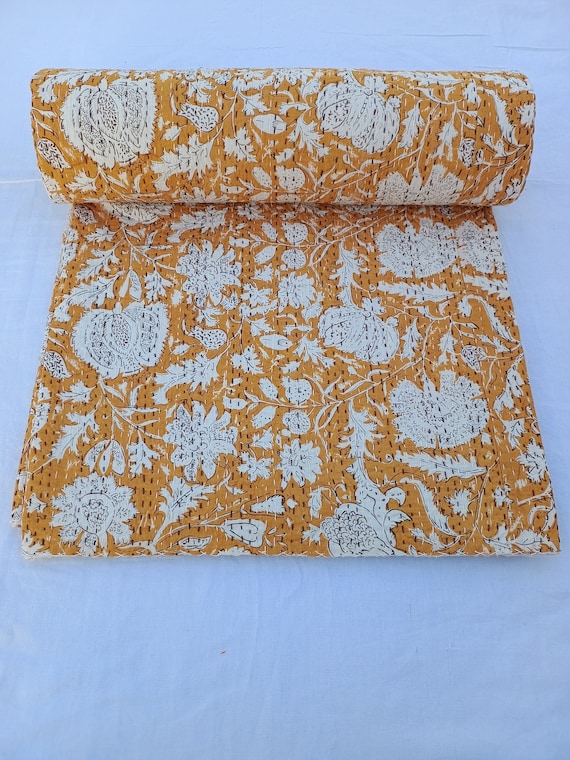 Mustard Color Kantha quilt bedding bedspread queen size quilt Indian kantha throw Kantha Block Printed floral Kantha  Handblock Print floral