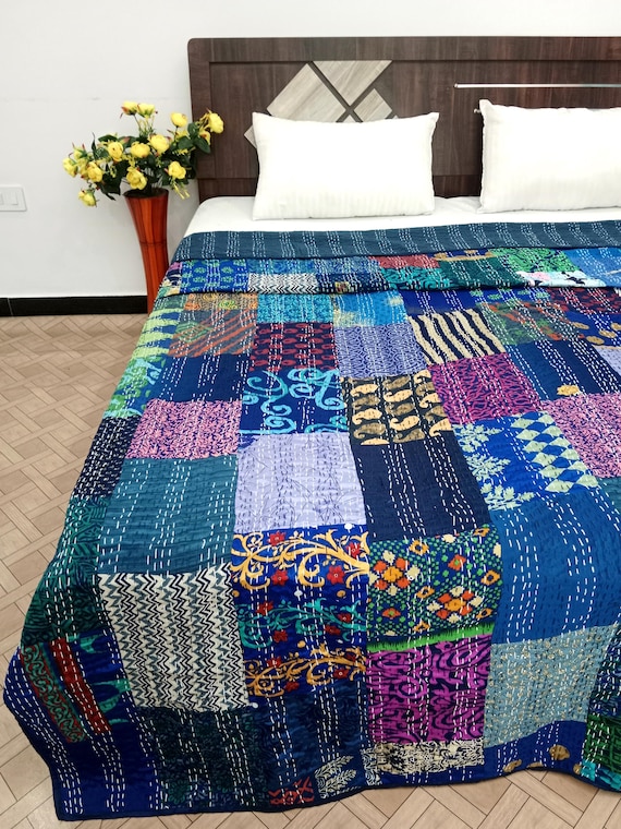 Handmade Patchwork Kantha Quilt: Vintage Indian Bedding  Bedspread