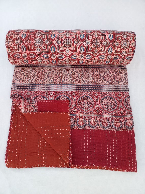 Ajrak Block Print Kantha Quilt | Floral Cotton Double/Queen Size Bedding with Handcrafted Resist