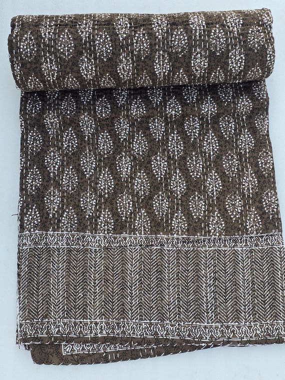 Vintage Kantha Quilt Brown Throw Blanket Block Print Bedding Bedspread Quilt Gorgeous quilt that has the Perfect vintage Look