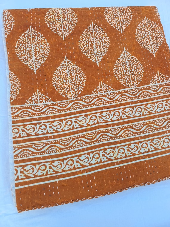 Kantha Quilt Bedding Bedspread Queen size Quilt Indian Kantha Throw Kantha Block Printed Floral Kantha Handblock Print floral Kantha Quilt
