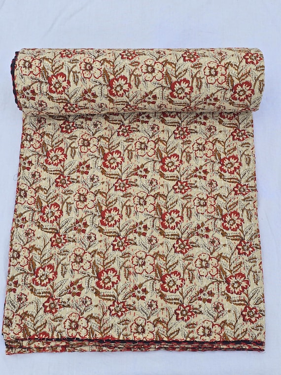 Floral Kantha Quilt, Vintage Block Print Bedding, Handmade Cotton Bedspread