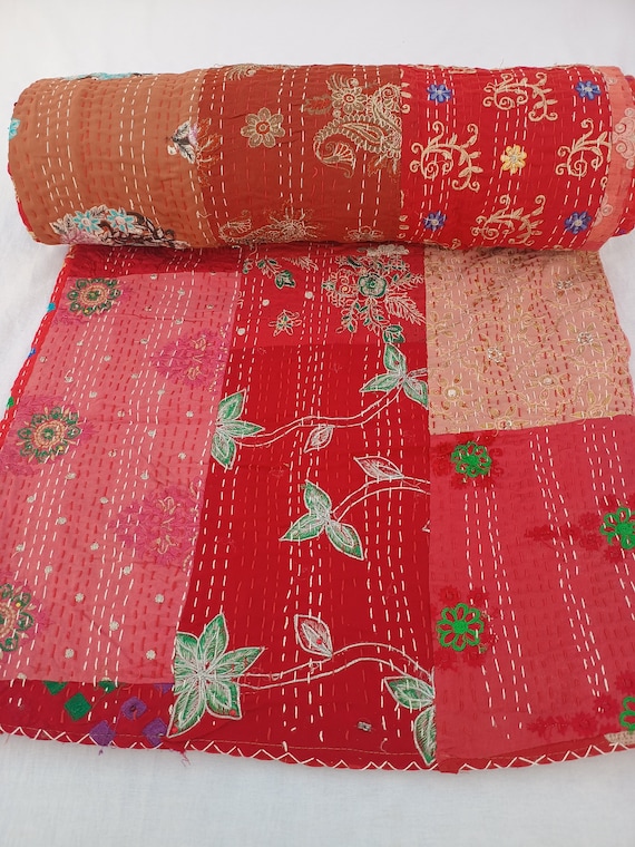 Patchwork Quilt Kantha Quilt Handmade Vintage Quilts Assorted Bedding Throw Blanket Bedspread Quilting Mixed Hippie Quilts AandETextileHouse