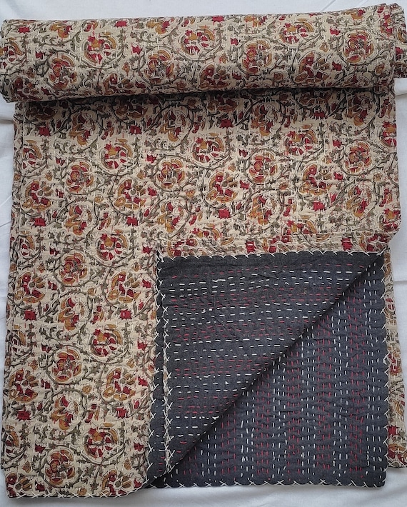 Floral Kantha Quilt Handblock Print floral Kantha Indian Netural Colour Indian inspired Bedding Hand Stitched Rural Quilted Bedding Quilt