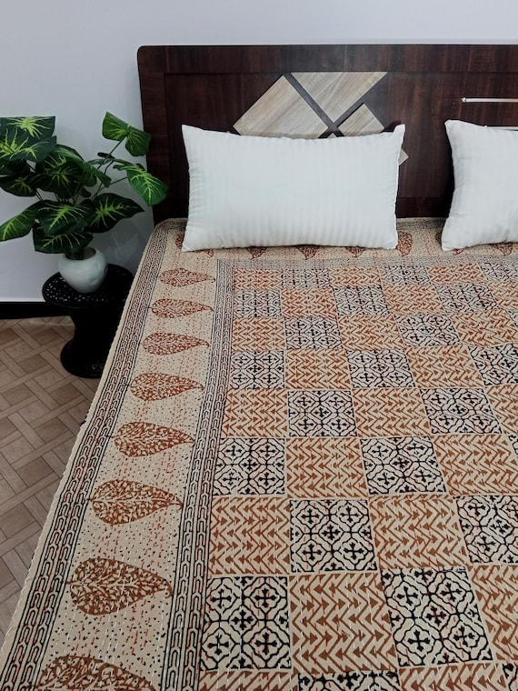 Floral Block Print Kantha Quilt: Handmade Cotton Bedspread