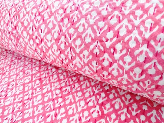 Floral Pink Kantha Quilt  Hand-Stitched Indian Cotton Bedspread