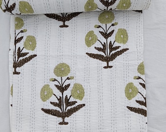 Colcha hecha a mano, colcha india con estampado de bloques, colcha floral Kantha: estampado de hojas amarillas, colcha tamaño Queen.
