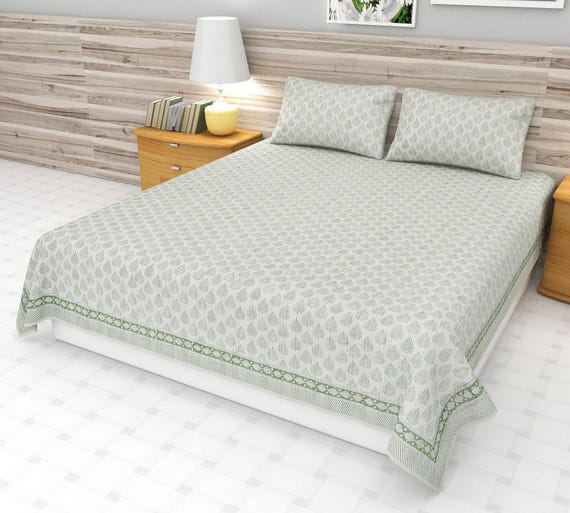Premium Green Floral Hand block Print Bedding Bedspread Full-size Queen Quilt Hand Stitch Quilt Color Kantha Quilt Rare find kantha Blanket