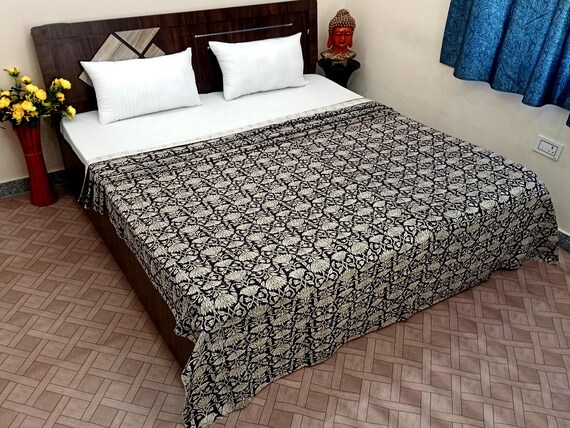 Kantha Quilt Bedding Hand Block Print Floral Blanket Indian Natural Color, Hand-Stitched Rural Kantha Bedding, Ethnic Home Décor Style