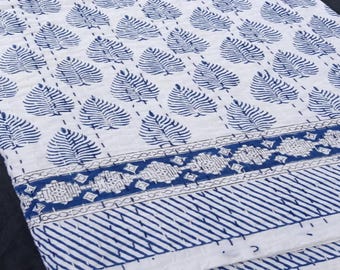 Puede incluir: Una colcha de algodón blanca con un patrón repetitivo de hojas azules en el cuerpo principal. La sección inferior muestra un borde horizontal con un diseño geométrico azul y blanco, seguido de una banda de rayas azules diagonales y costuras.