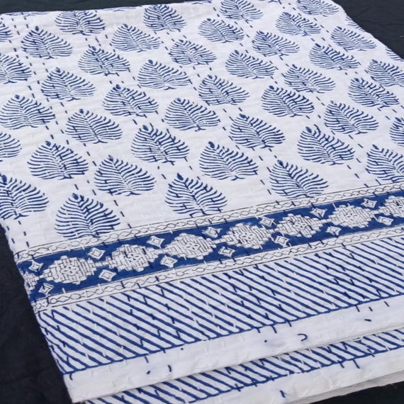 Blue Leaf Kantha Quilt: Hand-Stitched Indian Bedspread
