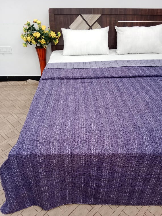 Purple Floral Handmade Kantha Vintage Floral Block Print Bedding Vintage Bedding Quilt Gorgeous quilt that has the perfect vintage look