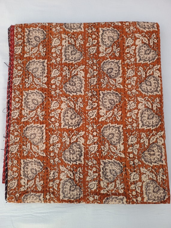Kantha Quilt Kantha Quilt Handblock Print Indian Netural Colour floral print Quilt Hand Stitched Natural vegetable dye cotton kantha quilt