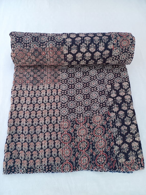 Ajrak or Ajrakh is a unique block printed textile. It displays special traditional designs and patterns Ajrak Vintage design kantha quilt