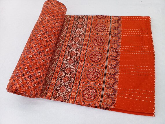 Ajrak or Ajrakh is a unique block printed textile. It displays special traditional designs and patterns Ajrak Vintage design kantha quilt