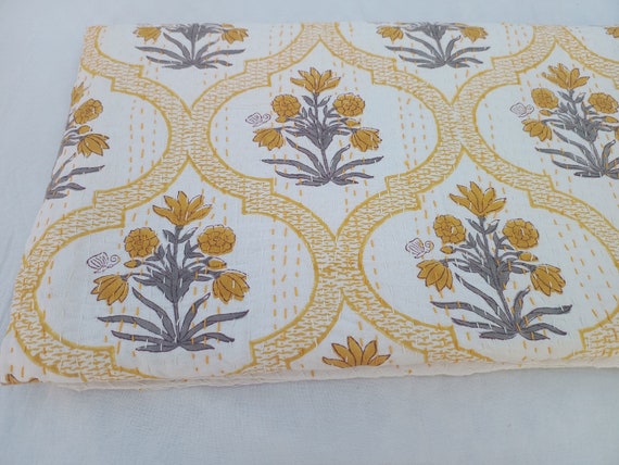 Indian Golden flower Kantha Quilt Bedding Indian print gold floral bedspread queen quilt kantha quilt queen yellow mustard kantha quilt