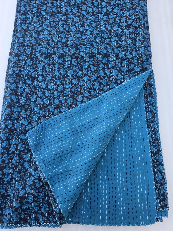 Handmade Kantha Quilt, Vintage Floral Block Print, Cotton Bedding