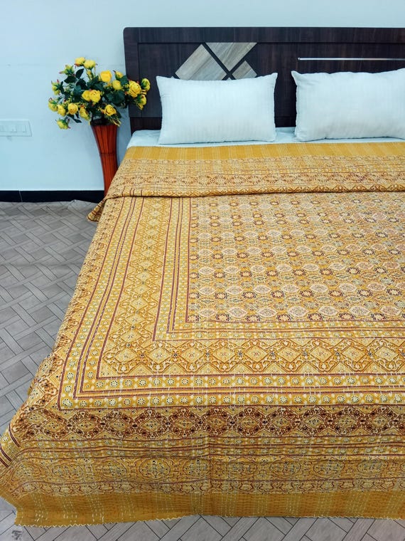 Ajrakh Block Print Kantha Quilt, Vintage Design, Hand Stitched