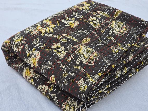 Handmade Quilt Floral Print Kantha Quilt Block Print Quilt Boho Throw Blanket