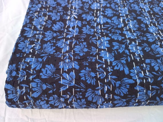 Blue Floral Design Kantha Quilt Handblock Print Blue floral Kantha Indian Netural blue Colour Indian inspired Bedding Hand Stitched Quilted