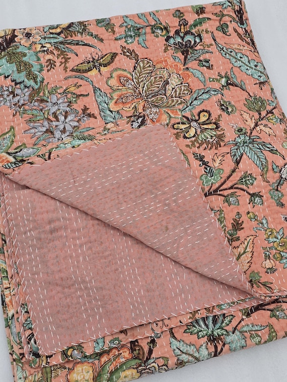 Peach Floral Kantha Quilt: Hand-Stitched Indian Cotton Bedspread