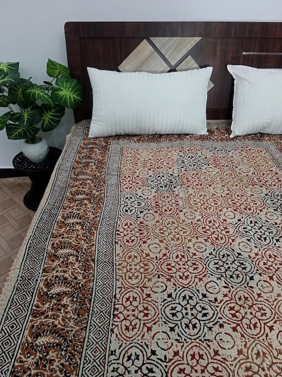 Hand-Stitched Kantha Quilt: Floral Block Print Cotton Bedding